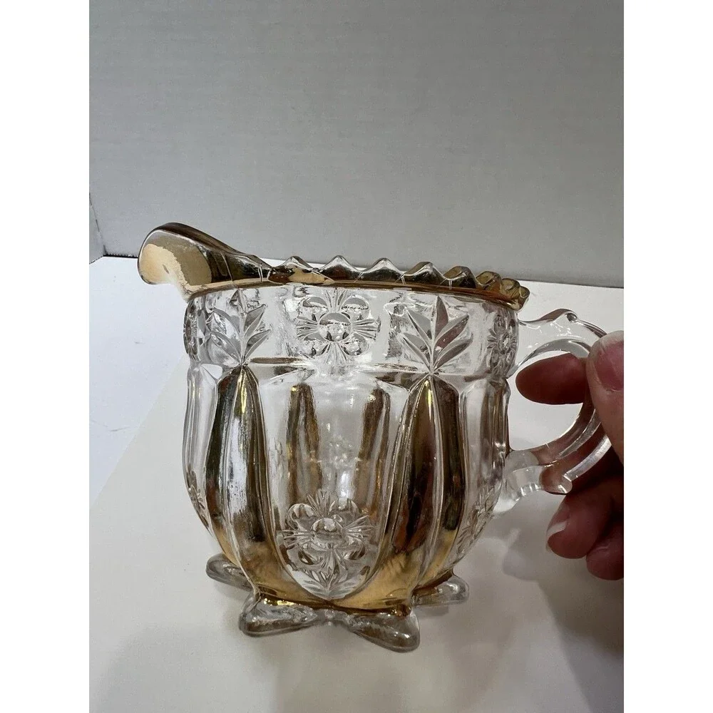 Antique 1897 EAPG Glass Sugar And Creamer Set Harvard Yard Gold Gilding Trim